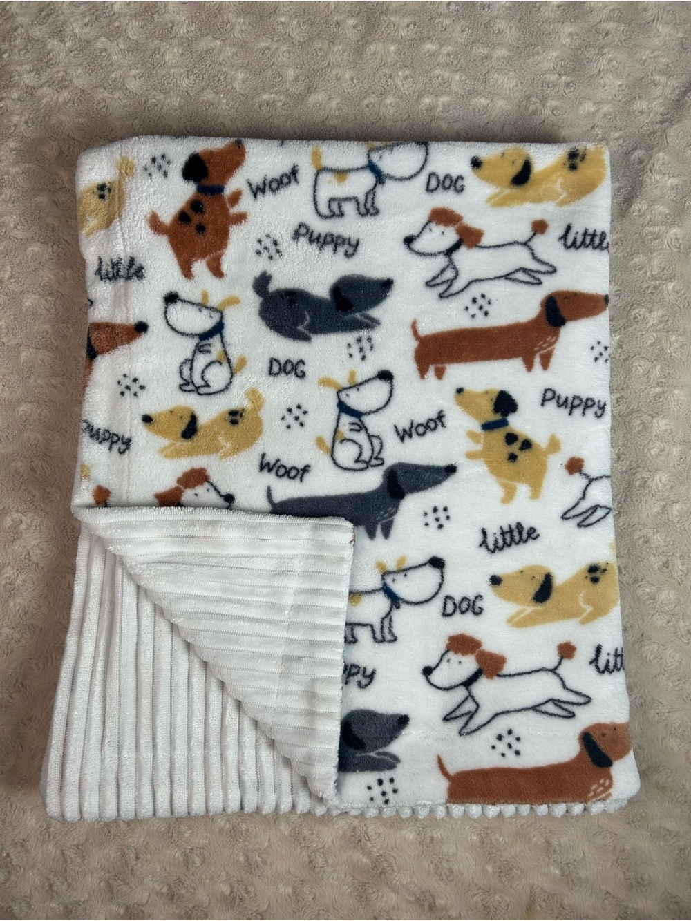 Modern Baby Little Puppy Dog Baby Blanket Woof Ribbed Stripes White Brown Gray